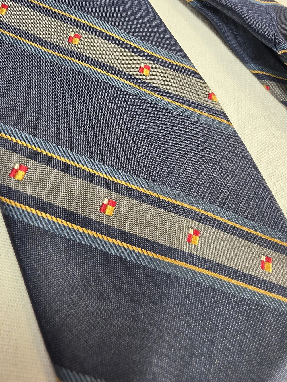 Mens Vintage Navy Striped Tie with Gray Bands and Red Accent